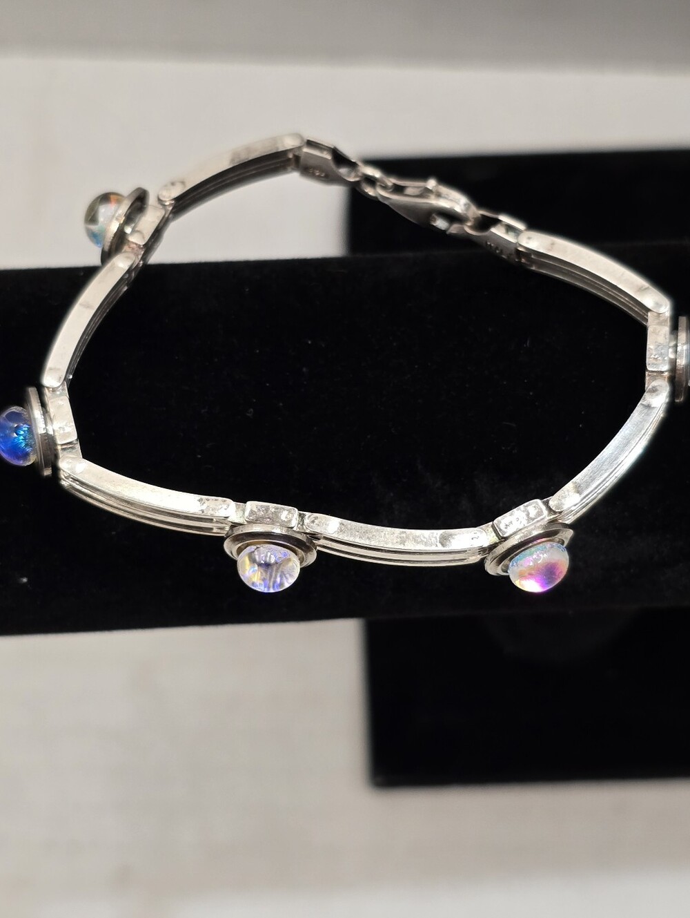 Vintage Sterling Silver Link Dichoric Glass Accent Bracelet 7 Inches